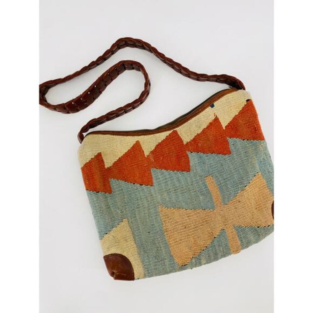 Southwestern woven leather trim shoulder bag